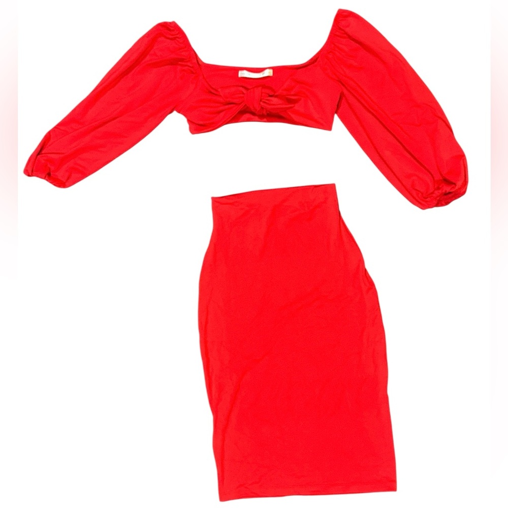 Susana Monaco Red Pencil Skirt Tied Crop Top Matching Set